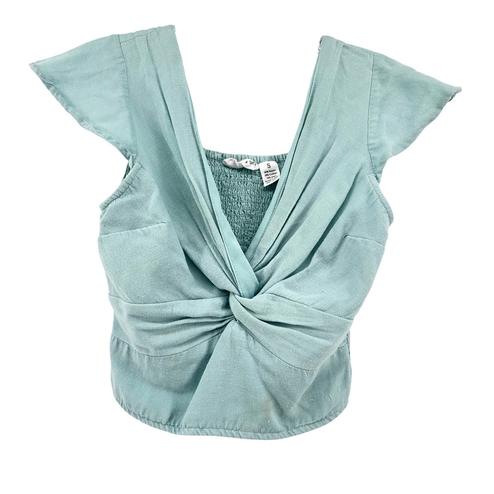 Midnight Sky Sage Green Twist Front Smocked Back Crop Top Small Flutter Sleeve